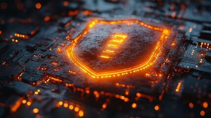Glowing shield emblem on circuit board, symbolizing security