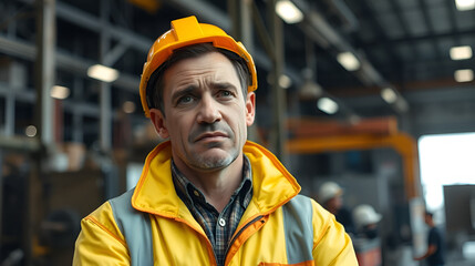 Upset Experienced Worker in Industrial Setting, Unhappy Employee Showing Tension and Frustration in Workplace Stress, Fatigue, Burnout, Emotional Strain, Safety Concerns, Labor Issues, Management