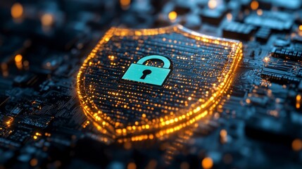 Glowing shield icon with lock on circuit board