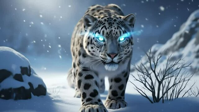 leopard in snow. Majestic Snow Leopard with Glowing Blue Eyes in Winter Snowfall - Fantasy Wildlife Art.