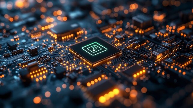 Glowing circuit board with central chip featuring a lock icon. Intricate network of technology components - Powered by Adobe