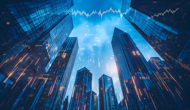 City skyscrapers financial data overlay