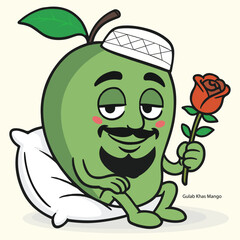 Cartoon mango character holding a rose, sitting on a pillow, vector illustration
