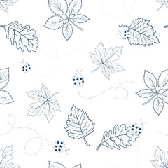 Hand drawn outline leaves with cute ladybugs seamless pattern,design for fashion,fabric,textile,wallpaper and all print