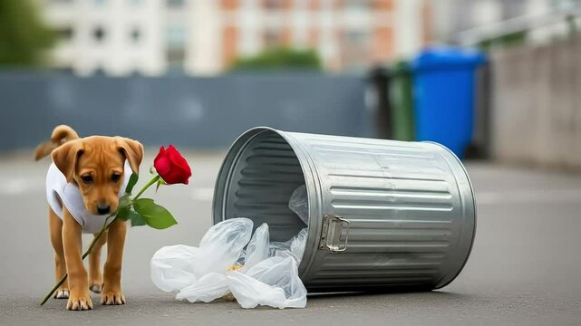 jack russell terrier puppy. Funny Naughty Puppy with Rose by Overturned Trash Can - Humorous Apology.