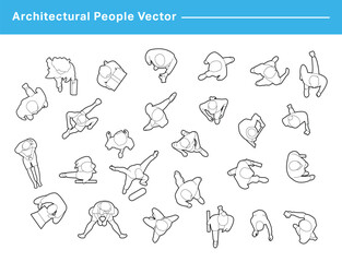 CAD Drawings. Set people outlines isolated on grey background. Sitting, walking, running. Top view. Vector illustration.