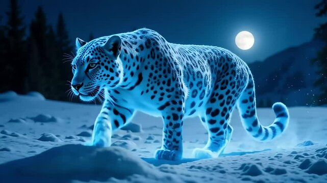 snow leopard in the snow.Mystic Moonlit Prowl: Luminous Snow Leopard.