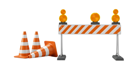 Orange and White Traffic Cones with Striped Barrier isolated on transparent background Generative Ai PNG High-Visibility Traffic Control Setup with Cones and Warning Lights 