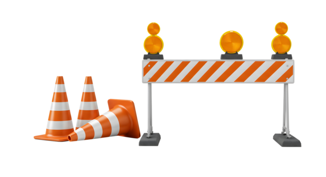 Orange and White Traffic Cones with Striped Barrier isolated on transparent background Generative Ai PNG High-Visibility Traffic Control Setup with Cones and Warning Lights 