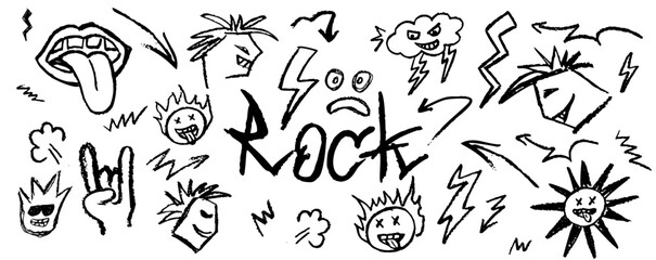 Rock set of doodle elements. Wax pencil drawing mouth with tongue hanging out, punks and cartoon faces in the grunge style of an informal music subculture. Vector goat gesture and other rock symbols.