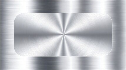 Brushed metal texture with a rounded rectangular centerpiece and radial pattern, reflecting light in a modern, industrial style.