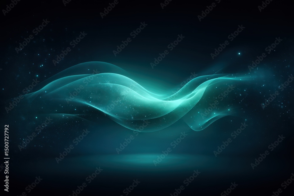 Wall mural glowing teal waves and particles swirl in a dark, abstract space, creating an ethereal and futuristi