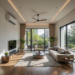 Modern living room with air conditioning and natural light
