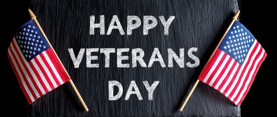 Two American flags celebrate Veterans Day on dark background.