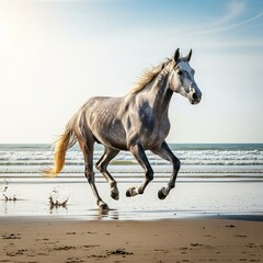 Obraz premium Powerful American Quarter Horse galloping on sandy beach at sunrise with ocean in the background