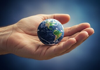 Photo Of A Human Hand Holding Earth Globe Against Dark Blue Sky Background