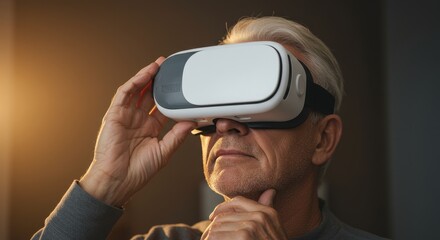 Fototapeta premium Senior Man Exploring Virtual Reality - An older man with gray hair uses a VR headset, experiencing immersive technology. Thoughtful expression