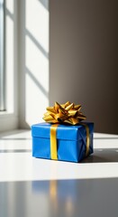 Photo of a Blue Gift Box With Gold Bow on White Surface and Window Light
