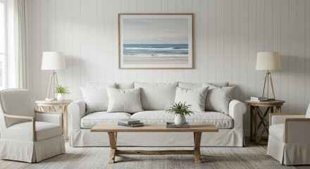 Photo Of A Light Filled Living Room With White Furniture And Beach Artwork