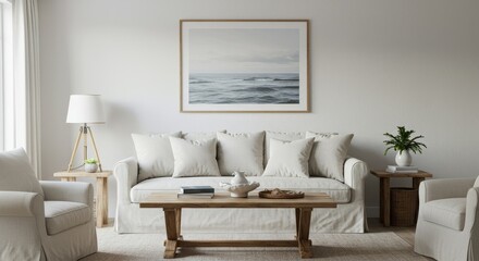 Photo of a Bright And Airy Living Room Interior with White Sofa and Wooden Elements