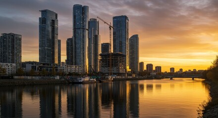 Fototapeta premium Skyline Sunset River Reflection Construction - Urban cityscape at sunset, reflecting in calm river waters. Construction cranes, modern skyscrapers
