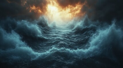 Turbulent ocean waves under a dramatic, fiery sky