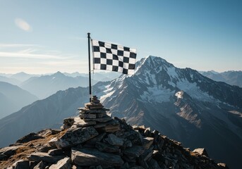 Photo of a Checkered Flag on a Mountain Peak in Daylight Blue Sky