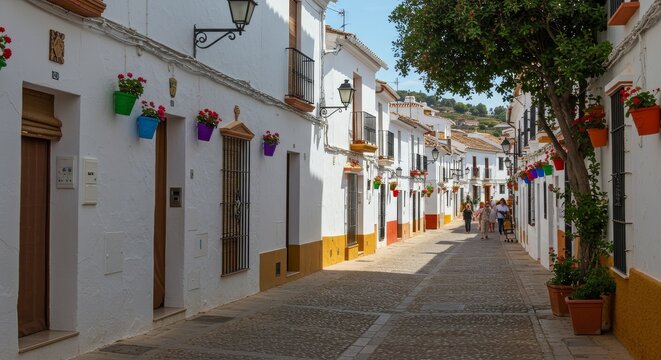 Photo of a Charming White-Walled Street Scene with Colorful Flower Pots - Powered by Adobe