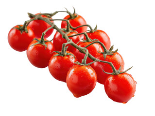 Fresh grape tomatoes on vine, glistening with moisture, create vibrant and minimal composition that highlights their natural beauty and freshness