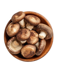 Fresh shiitake mushrooms in wooden bowl, showcasing their rich brown caps and creamy stems, evoke sense of natural goodness and culinary delight