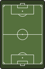 Top-down view of a soccer field diagram with marked lines for goals, penalty areas, and center circle. Ideal for strategy, coaching, or sports illustrations.
