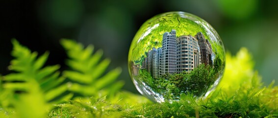 Glass sphere reflects urban skyscrapers among lush greenery.