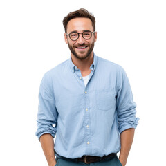 A smiling man with glasses and a blue shirt stands against a transparent background looking forward