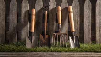 A row of garden tools against a wooden fence.
