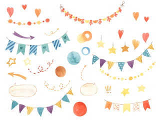 Watercolor garland, heart, arrows, stars, scrapbooking elements illustration for kids