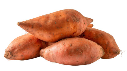 Fresh sweet potatoes stacked together, showcasing their vibrant orange skin and unique shape. These nutritious tubers are perfect for various dishes, adding flavor and health benefits to meals
