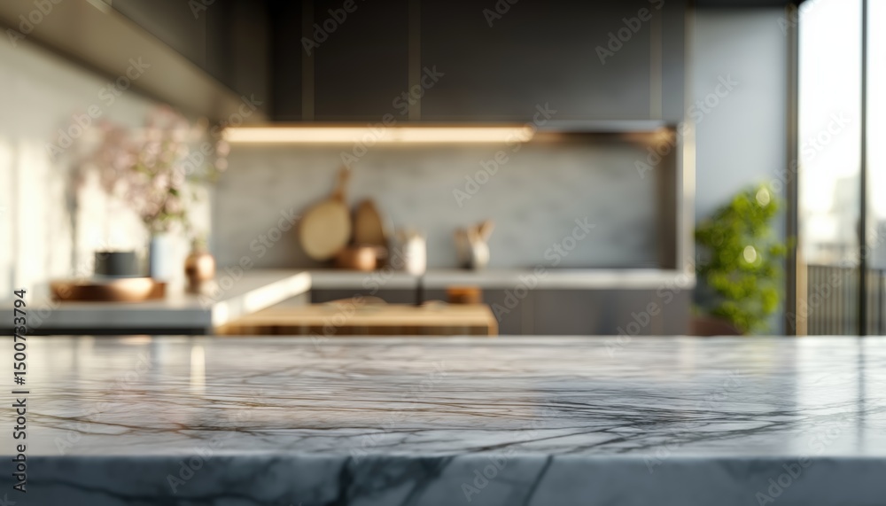 Poster marble countertop providing space for product placement with a blurred modern kitchen in the backgro