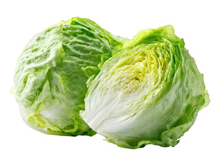 Fototapeta premium Fresh whole iceberg lettuce with partial peel revealing its crisp, vibrant green leaves. This healthy vegetable is perfect for salads and garnishes, adding refreshing crunch to any dish