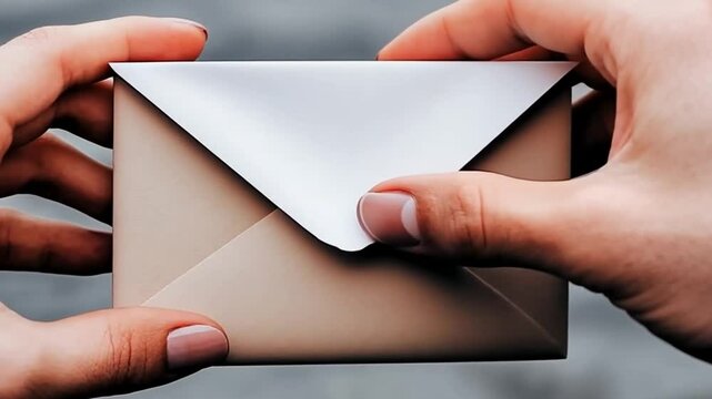 close-up of hands holding a brown envelope with white flap Hands holding envelope close-up for message delivery, elegant hands holding envelope close-up scene, soft light moment with hands holding  