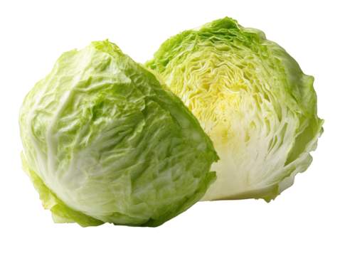 Fresh iceberg lettuce with vibrant green color and crisp texture, showcasing its layered leaves and partial peel. Perfect for salads and healthy dishes