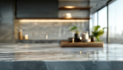 Luxurious empty marble kitchen island countertop with blurred background, perfect for product placement