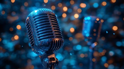 Shiny microphones stand amidst a bokeh-filled, festive backdrop