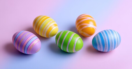 Fototapeta premium Colorful striped Easter eggs on pastel background.