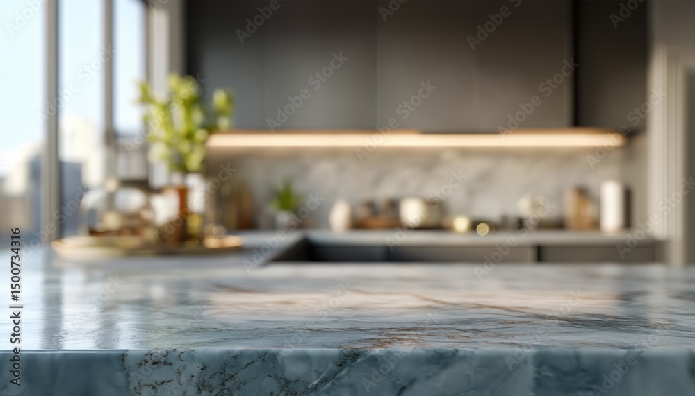 Poster marble countertop ideal for displaying products with a blurred modern kitchen in the background, per