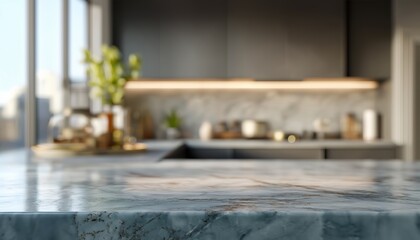Marble countertop ideal for displaying products with a blurred modern kitchen in the background, perfect for culinary or interior design projects