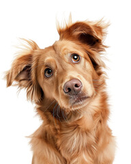 Golden retriever puppy with one ear up, tilted head, displaying curiosity and playfulness. This adorable dog captures attention with its expressive eyes and fluffy fur, radiating joy and warmth