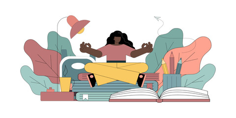 Student girl meditates sitting on books.eps