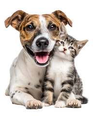 Happy dog and kitten best friends posing together, showcasing their bond and affection. dog has joyful expression, while kitten looks content and relaxed