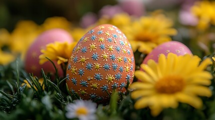 Floral patterned eggs among yellow daisies rest on green grass, symbolizing spring and renewal