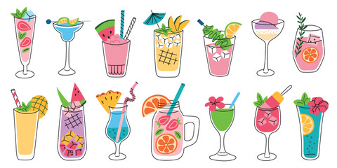 Vector illustration set of summer lemonades, fruity cocktails and mocktails in glass cups. Flat cartoon tropical drinks with ice, berries, herbs, mango, strawberry, and citrus, trendy bright icons